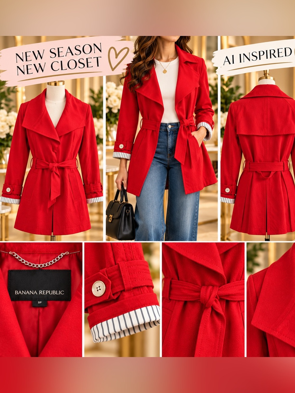 Banana Republic Red Belted Trench Coat | Small Petite | Statement Red